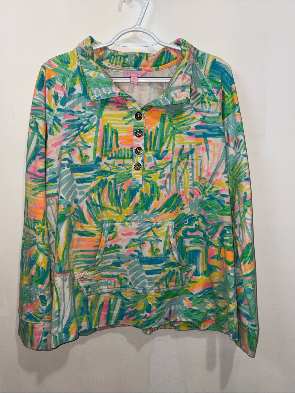 Lilly Pulitzer Tropical Print Collared Pullover in Green, Pink, Blue & Yellow